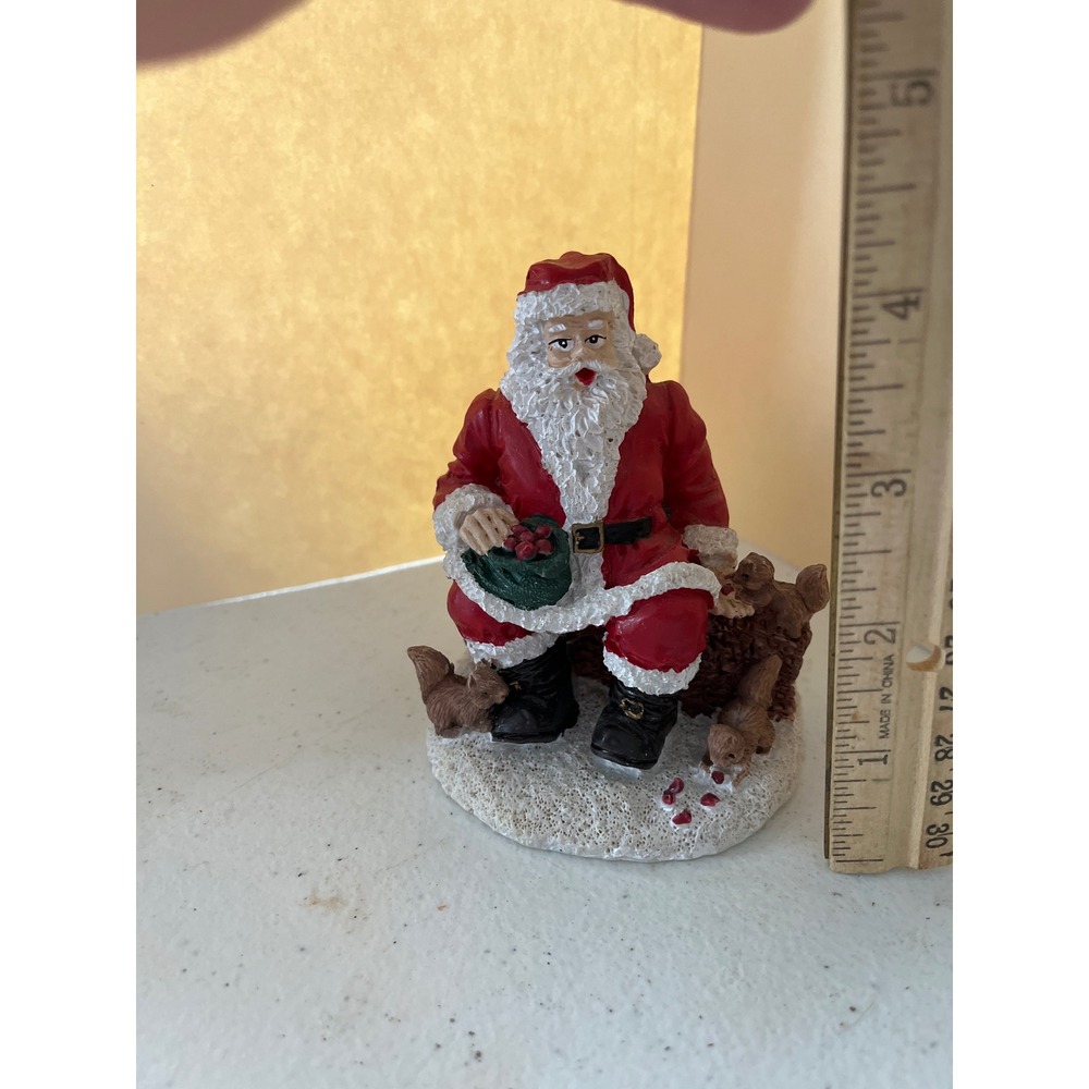 Vintage Santa Claus Sitting on Log with Squirrels Resin Christmas Figurine 4in
